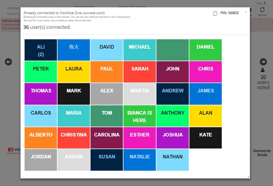 Nickname overview - use the icon on the live or preview screen to open the users connected.